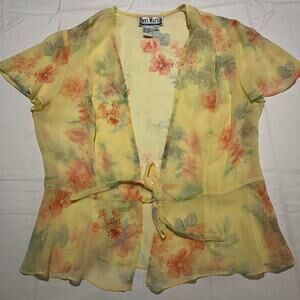 Vintage Y2K Sheri Martin Yellow Floral Print Sheer Tie Front Blouse Size 14